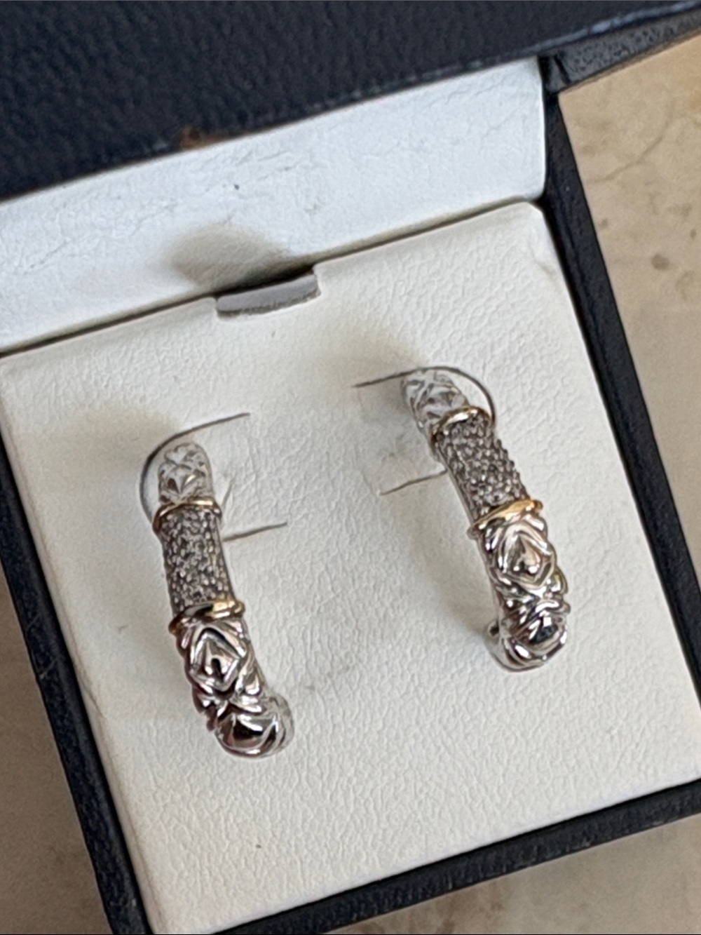 14K Gold & Sterling Silver Diamond Huggie Hoop Earrings - NWT Originally $900